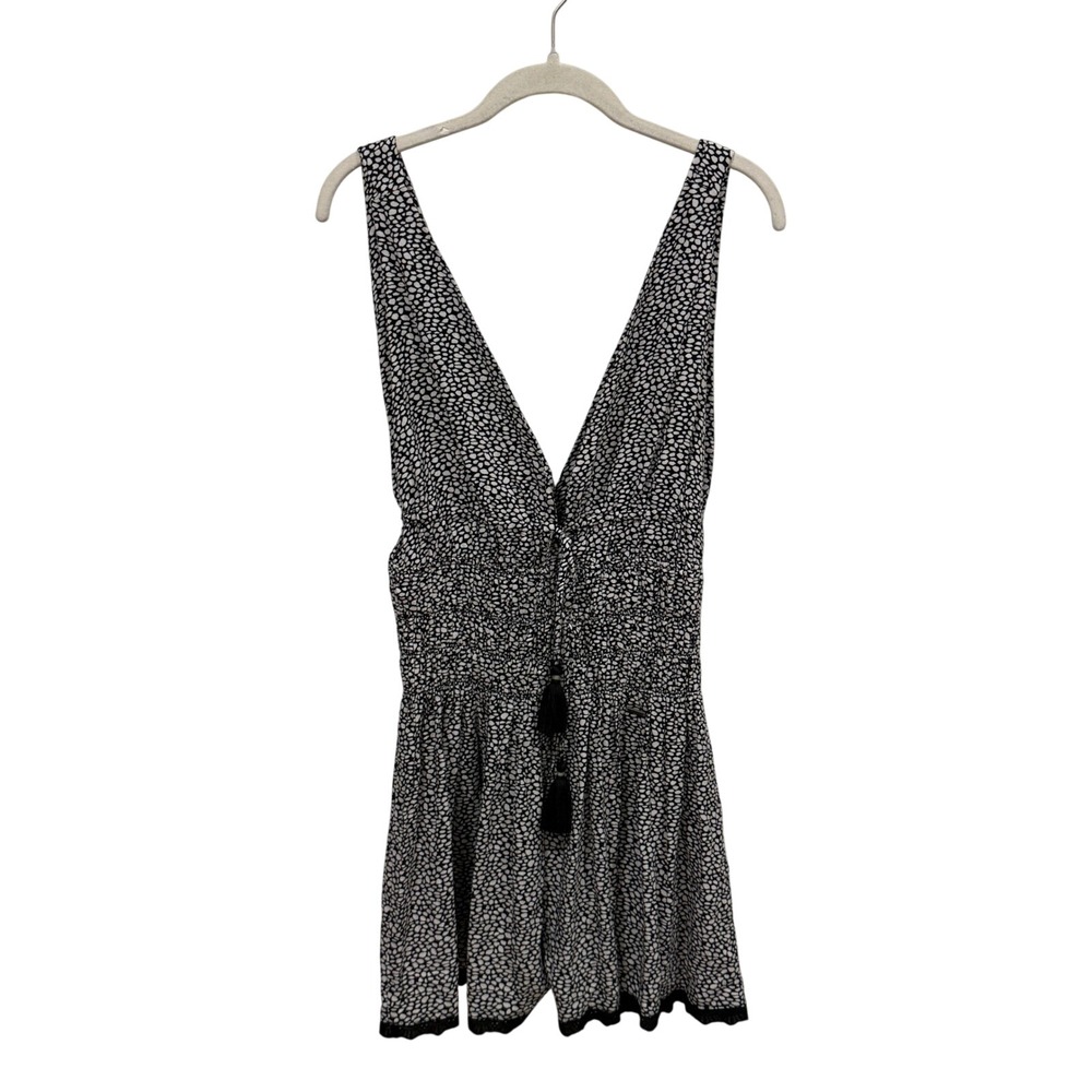 Maaji Black White‎ Pebble Print Smocked Romper Tassel V-Neck Lace Trim Small